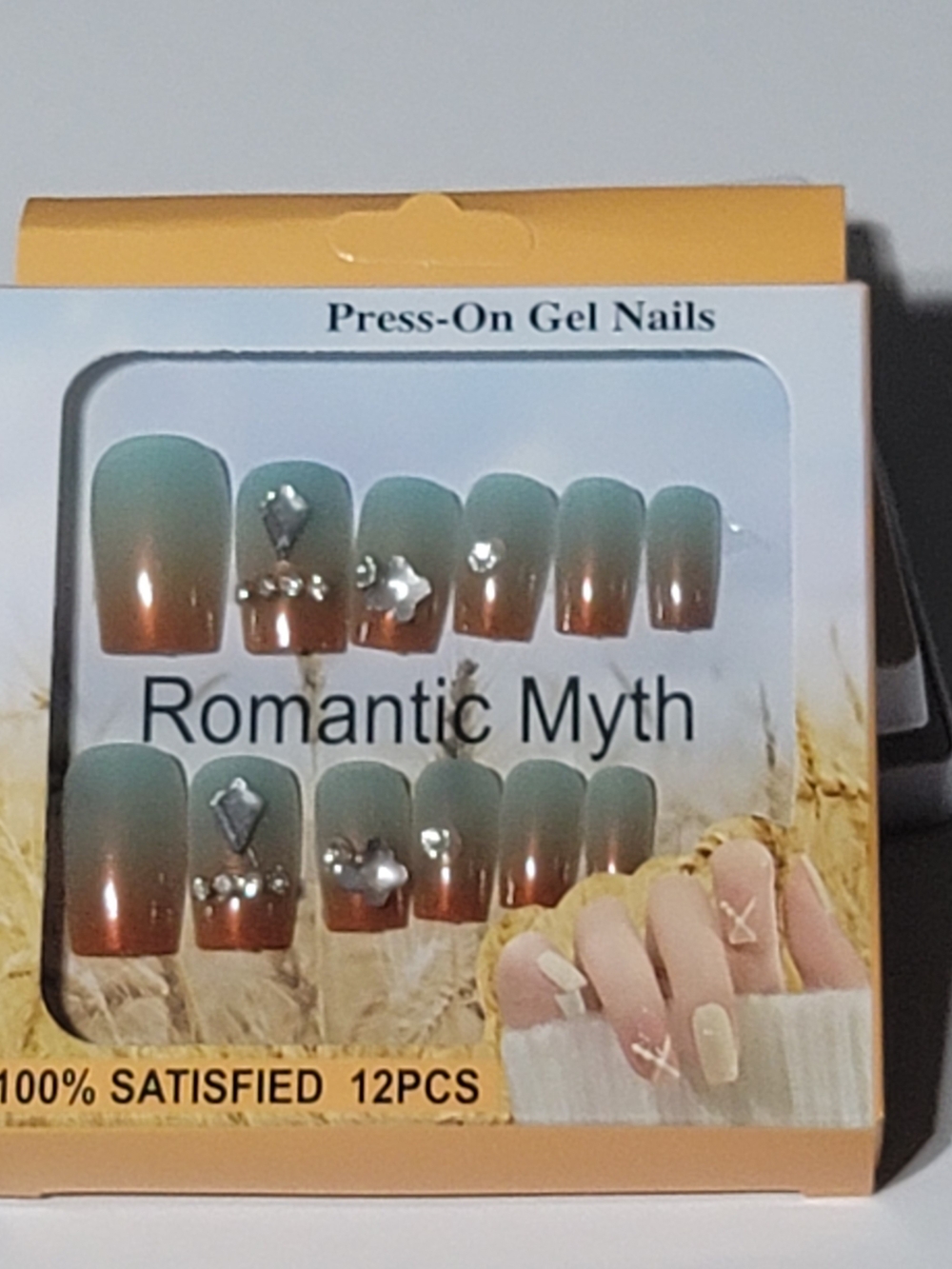 ❤️‍🔥6/$15❤️‍🔥Press-On Gel Nails Green to Brown Ombre with Rhinestones (12 pcs)